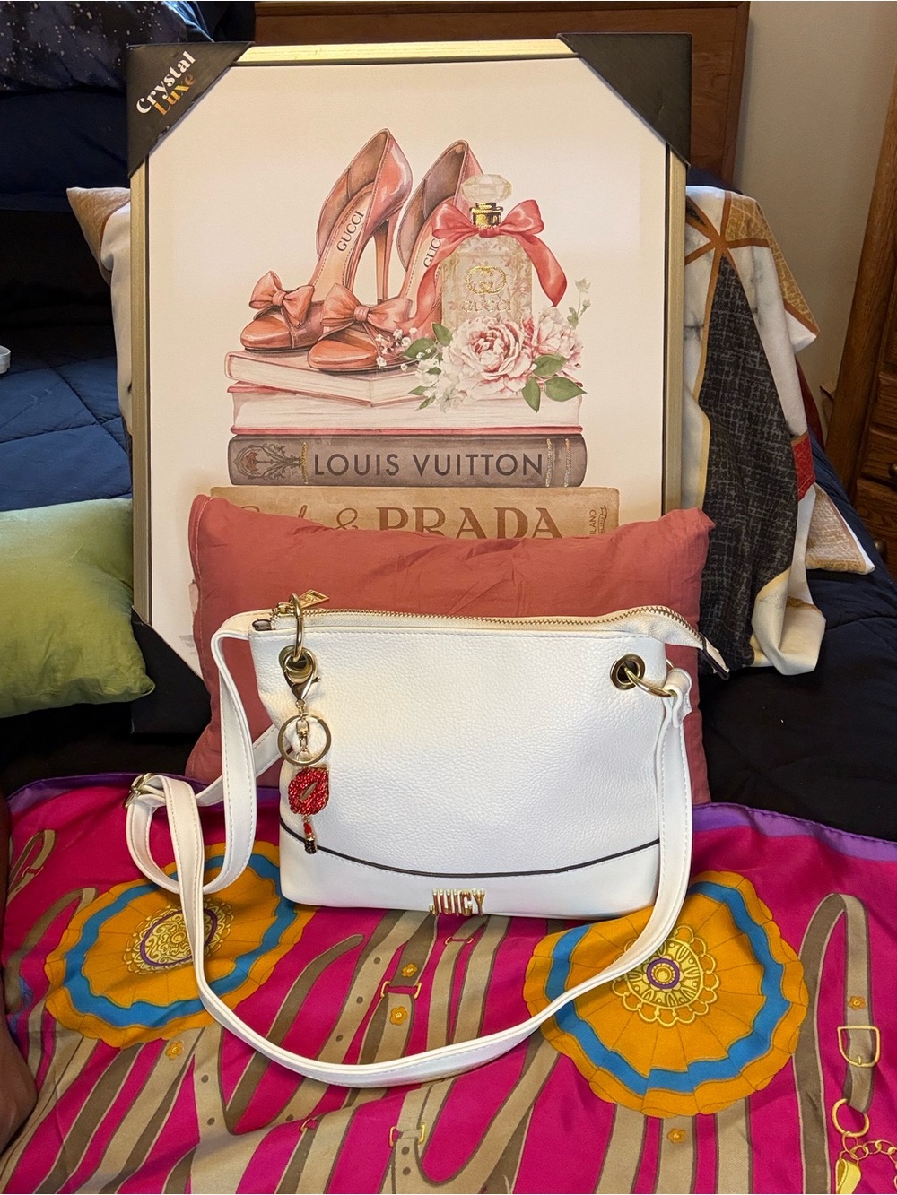 Juicy Couture White Pebbled Faux Leather Crossbody Bag with Rhinestone Charm